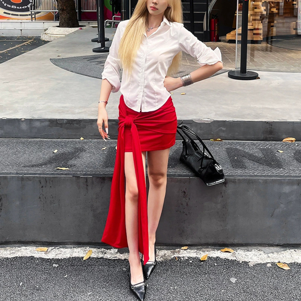 ZARA Summer White Fitted Blouse Bow Skirt Set
